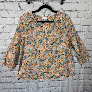 J. Jill 100% Cotton Lightweight Yellow Blue Pink Floral Boho Blouse Size Large